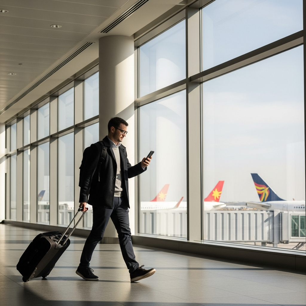 Traveler walking through an airport concourse checking a phone, calendar gate updates in hand